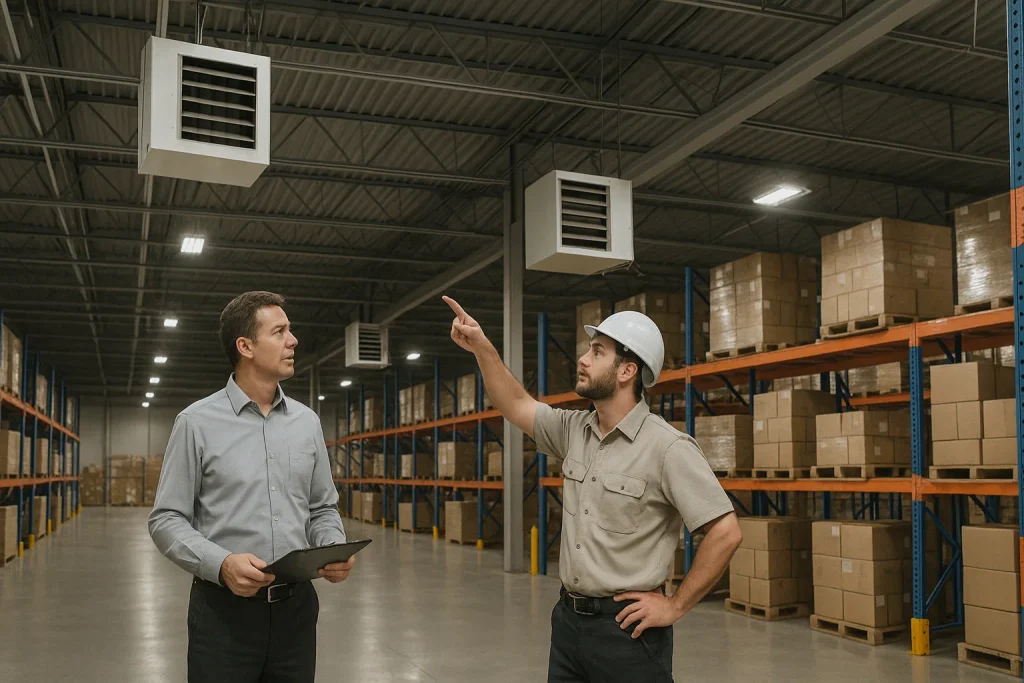 Warehouse manager planning optimal ceiling unit heater placement with technician
