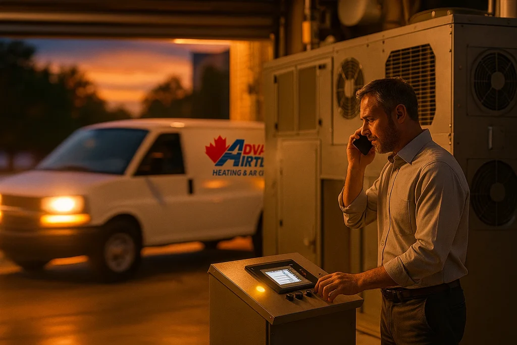Facility manager makes emergency HVAC service call while Advantage Airtech service van arrives for rapid response.