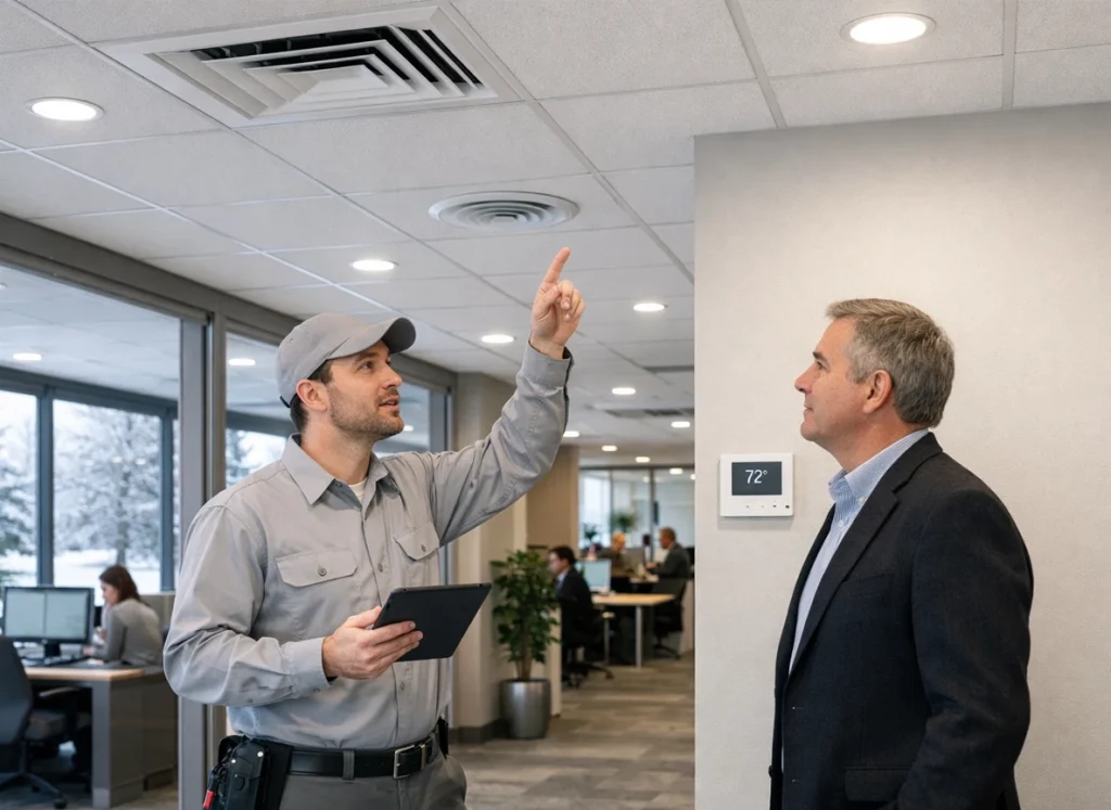 HVAC technician reviewing commercial heating efficiency in winter