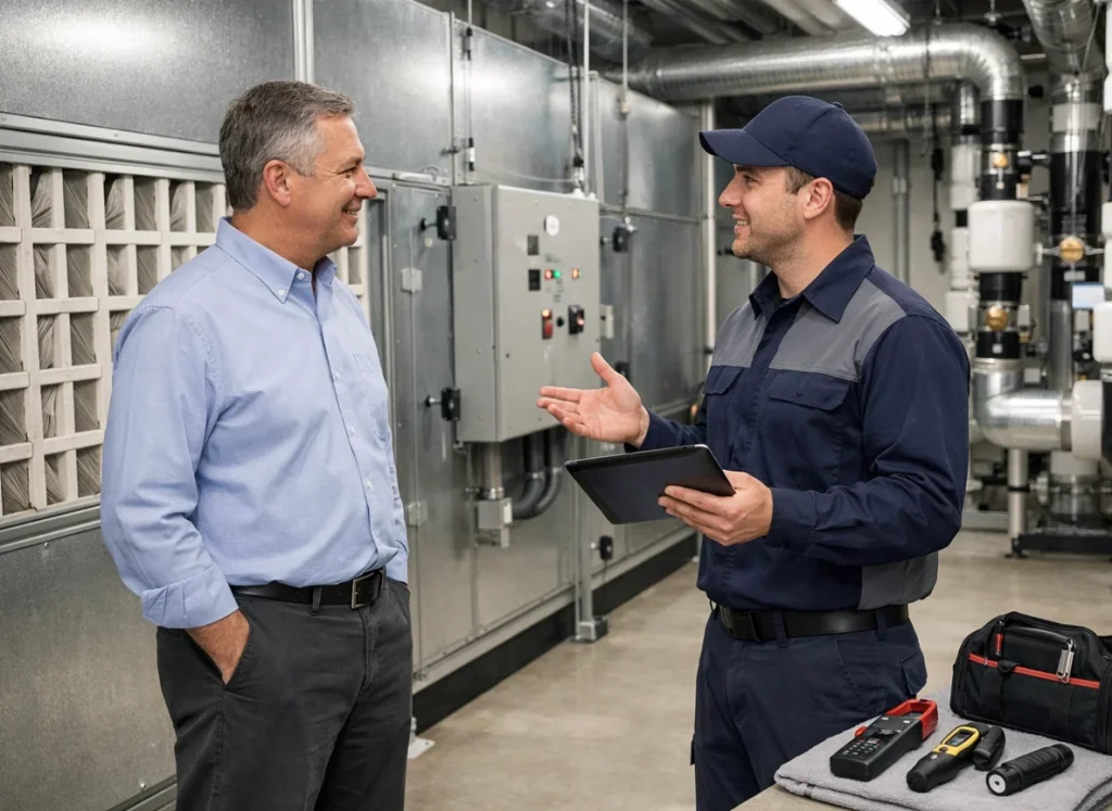 Facility manager reviewing preventive commercial HVAC maintenance results to reduce repair costs