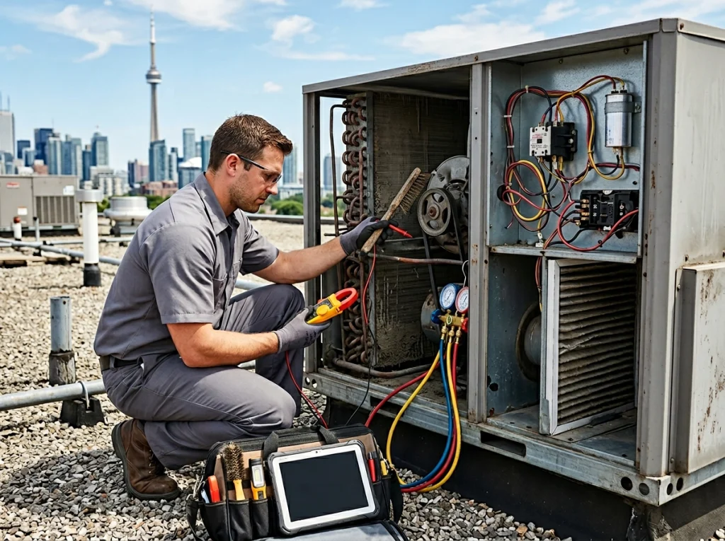 Commercial HVAC technician checking rooftop unit components