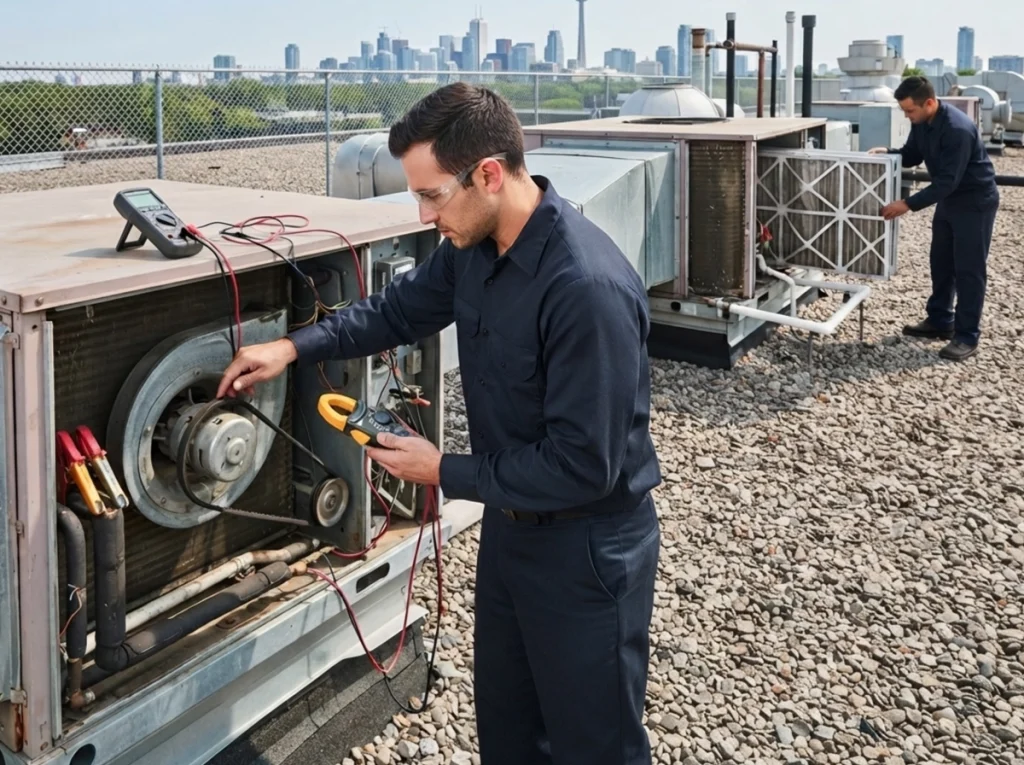 Commercial HVAC technicians maintaining rooftop equipment in Toronto