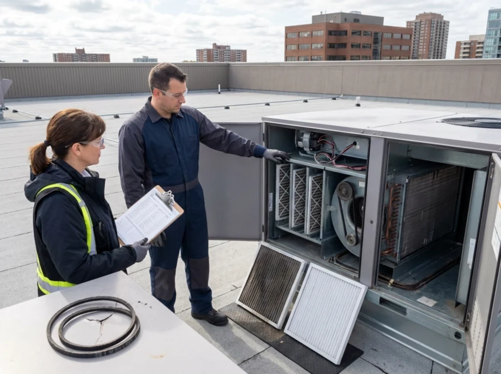 Toronto facility manager reviewing rooftop HVAC heating maintenance before winter